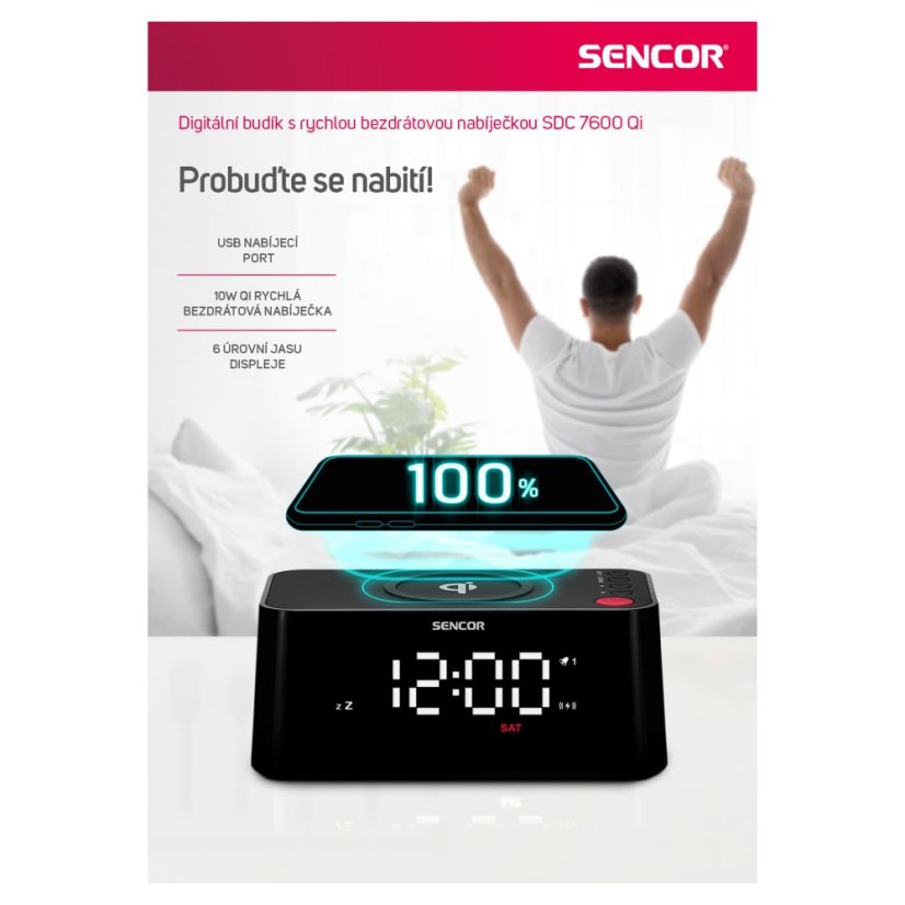 Digitální budík s rychlou bezdrátovou nabíječkou Sencor SDC 7600 Qi